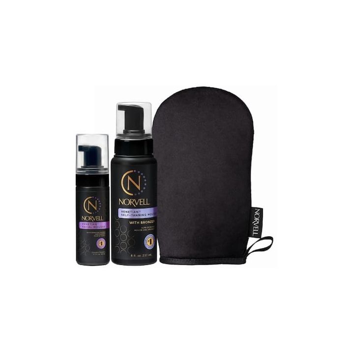 Norvell Venetian Self Tanning Mousse 8 oz, Venetian Facial Mousse 1.7 oz & Application Mitt Face & Body Bundle