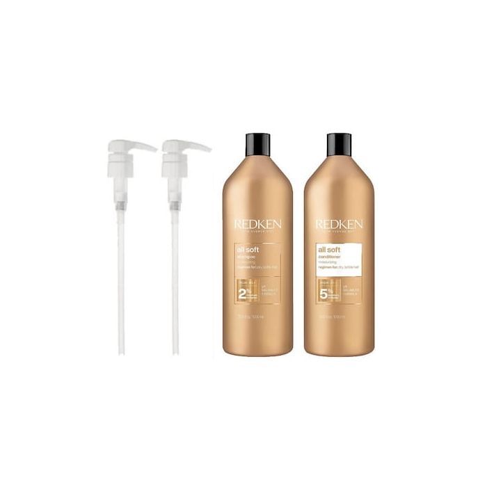 Redken All Soft Shampoo & Conditioner Liter Duo + 2 Liter Pumps Redken All Soft Shampoo & Conditioner Liter Duo + 2 Liter Pumps