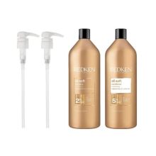 Redken All Soft Shampoo & Conditioner Liter Duo + 2 Liter Pumps
